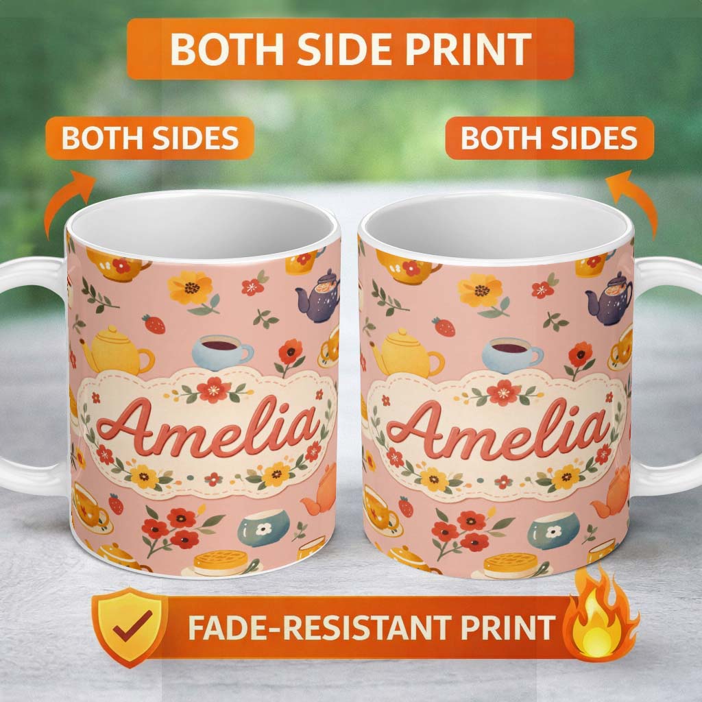 Personalized Custom Name Cute Vintage Teapot Floral Tea Cups Strawberry Garden Peach 11oz Ceramic Coffee Tea Mug White Large Handle