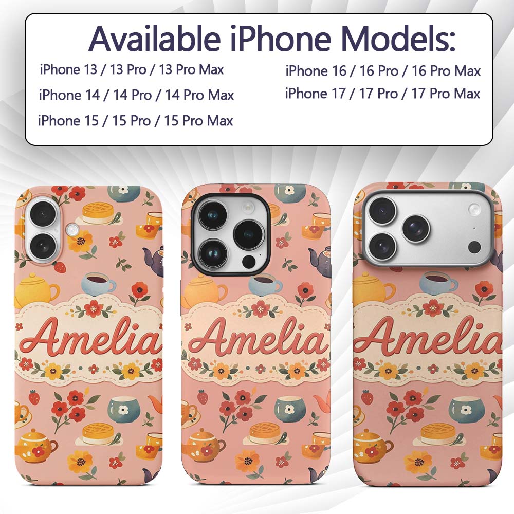 Cute Vintage Teapot Floral Tea Cups Strawberry Custom Name Protective Phone Case Mobile Cover Durable Everyday Smartphone Shock Resistant