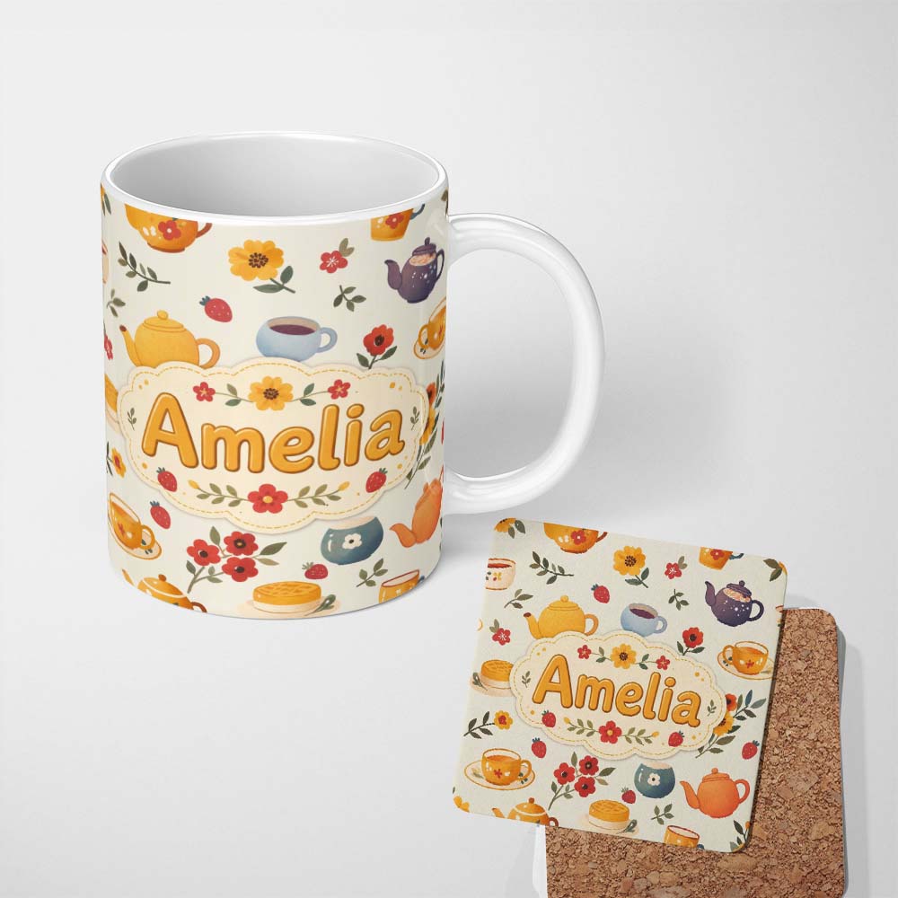 Personalized Custom Name Cute Vintage Teapot Floral Tea Cups Strawberry Garden Cream 11oz Ceramic Coffee Tea Mug White Large Handle