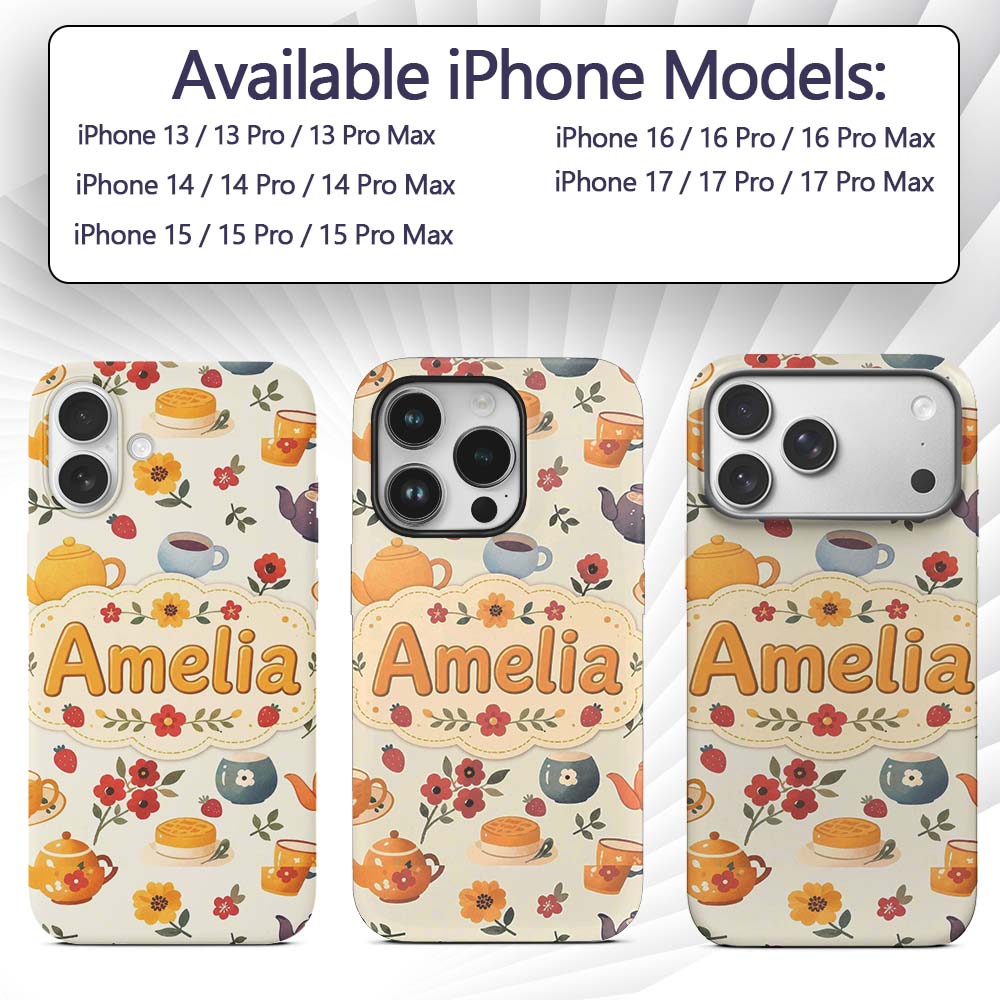 Cute Vintage Teapot Floral Tea Cups Strawberry Custom Name Protective Phone Case Mobile Cover Durable Everyday Smartphone Shock Resistant