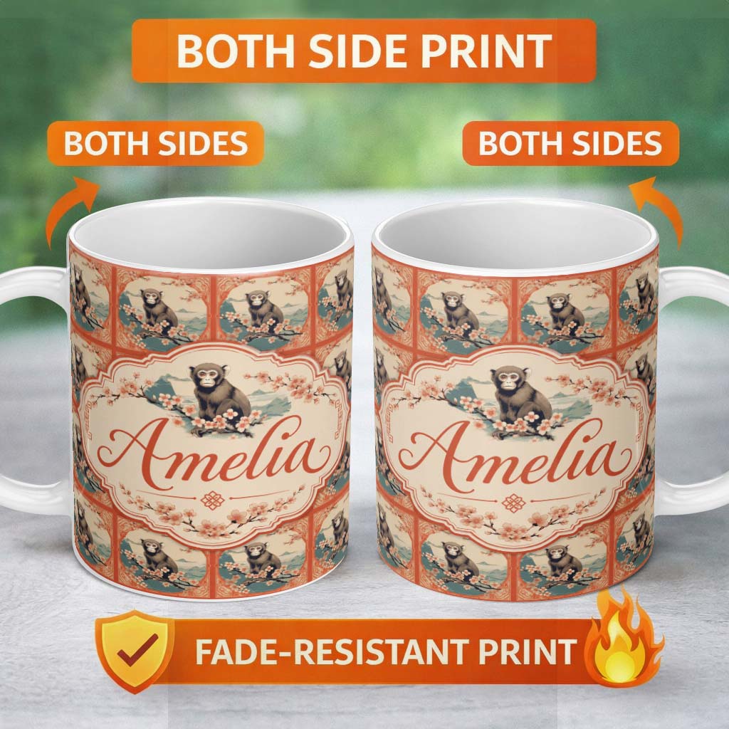 Personalized Custom Name Oriental Style Monkey Blossom Frame Pattern Coral Background Lovely 11oz Ceramic Coffee Tea Mug White Large Handle