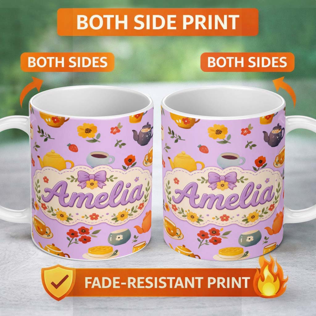 Personalized Custom Name Cute Vintage Teapot Floral Tea Cups Strawberry Garden Purple 11oz Ceramic Coffee Tea Mug White Large Handle
