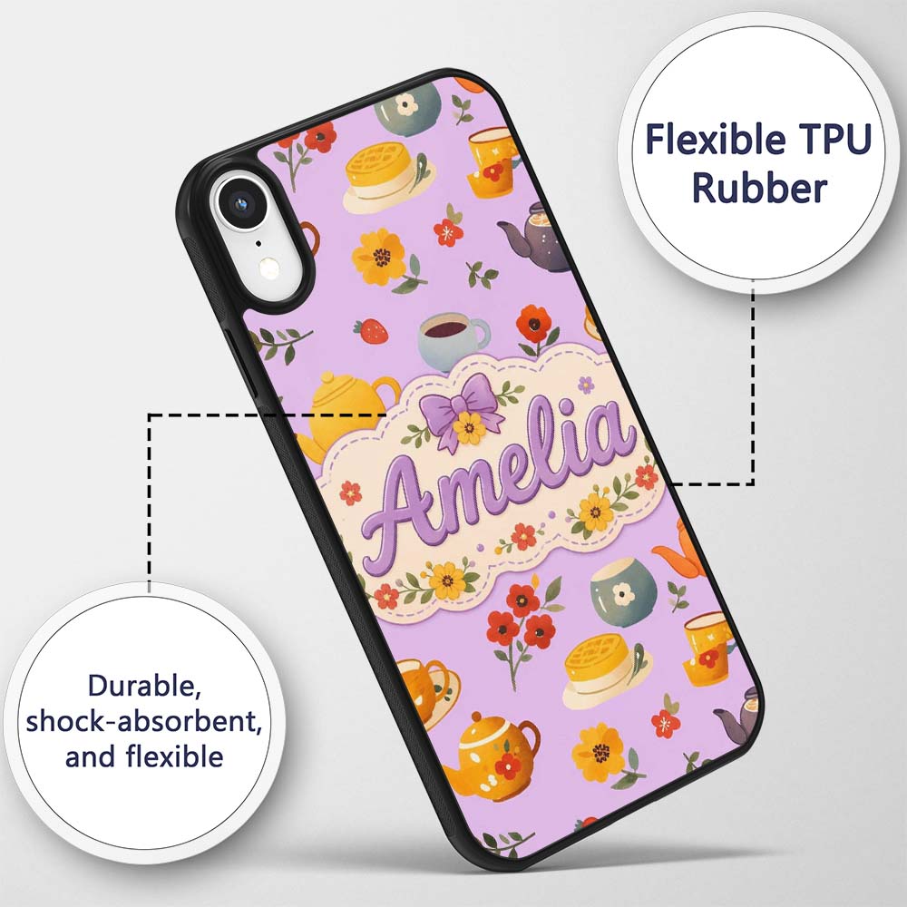 Cute Vintage Teapot Floral Tea Cups Strawberry Custom Name Protective Phone Case Mobile Cover Durable Everyday Smartphone Shock Resistant