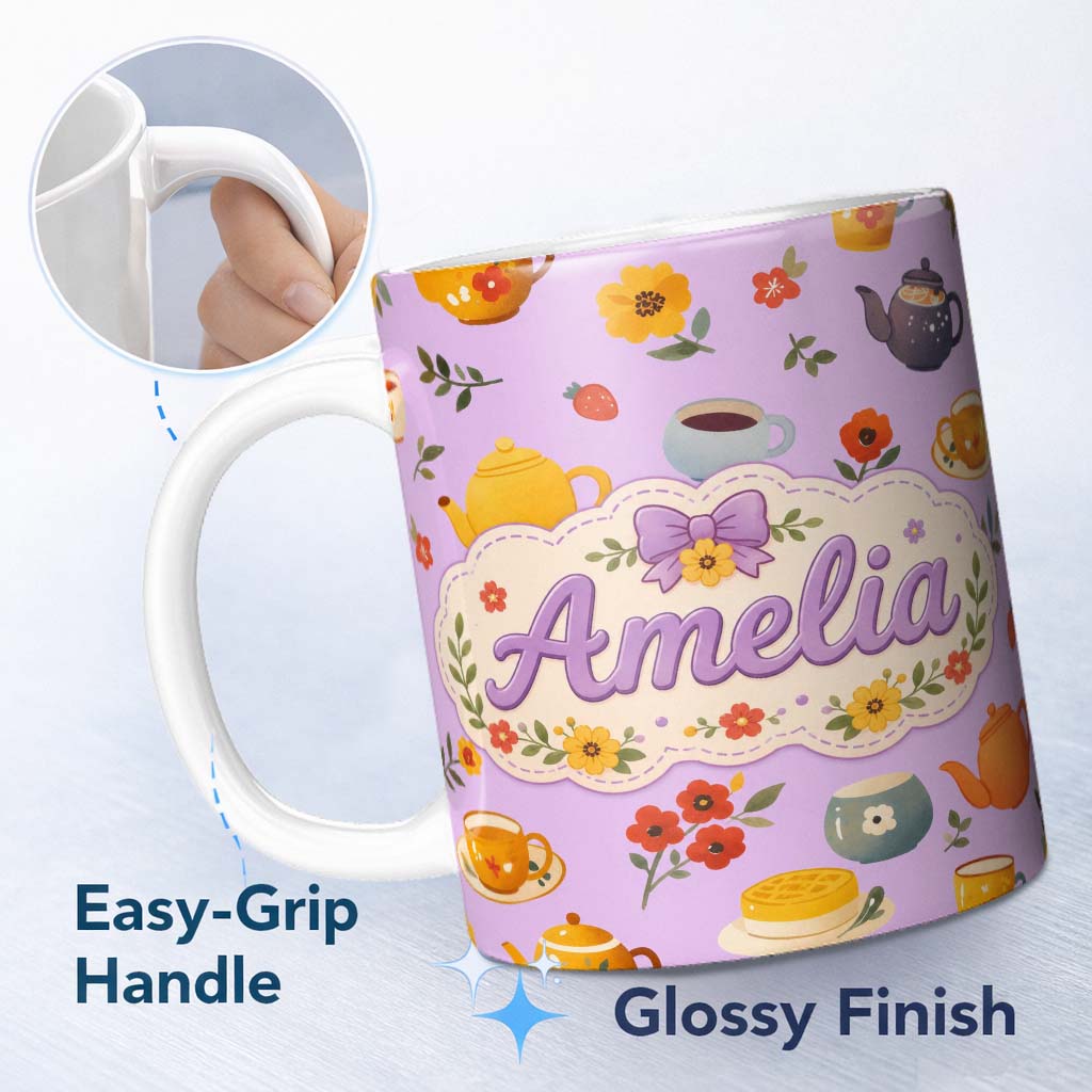 Personalized Custom Name Cute Vintage Teapot Floral Tea Cups Strawberry Garden Purple 11oz Ceramic Coffee Tea Mug White Large Handle