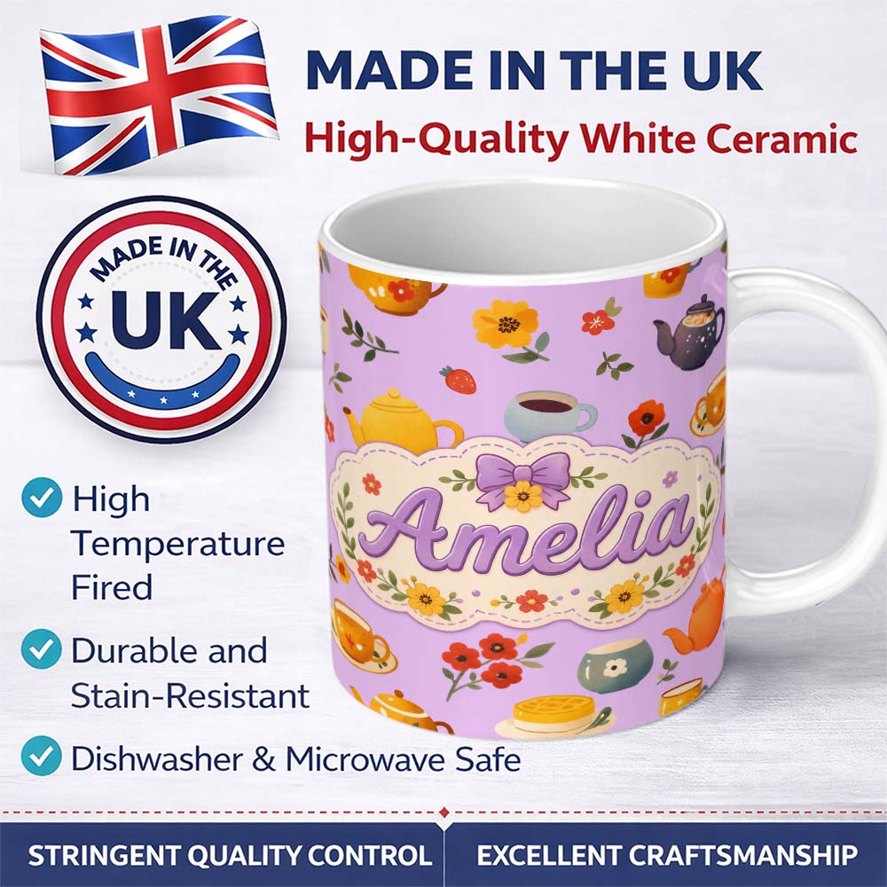 Personalized Custom Name Cute Vintage Teapot Floral Tea Cups Strawberry Garden Purple 11oz Ceramic Coffee Tea Mug White Large Handle