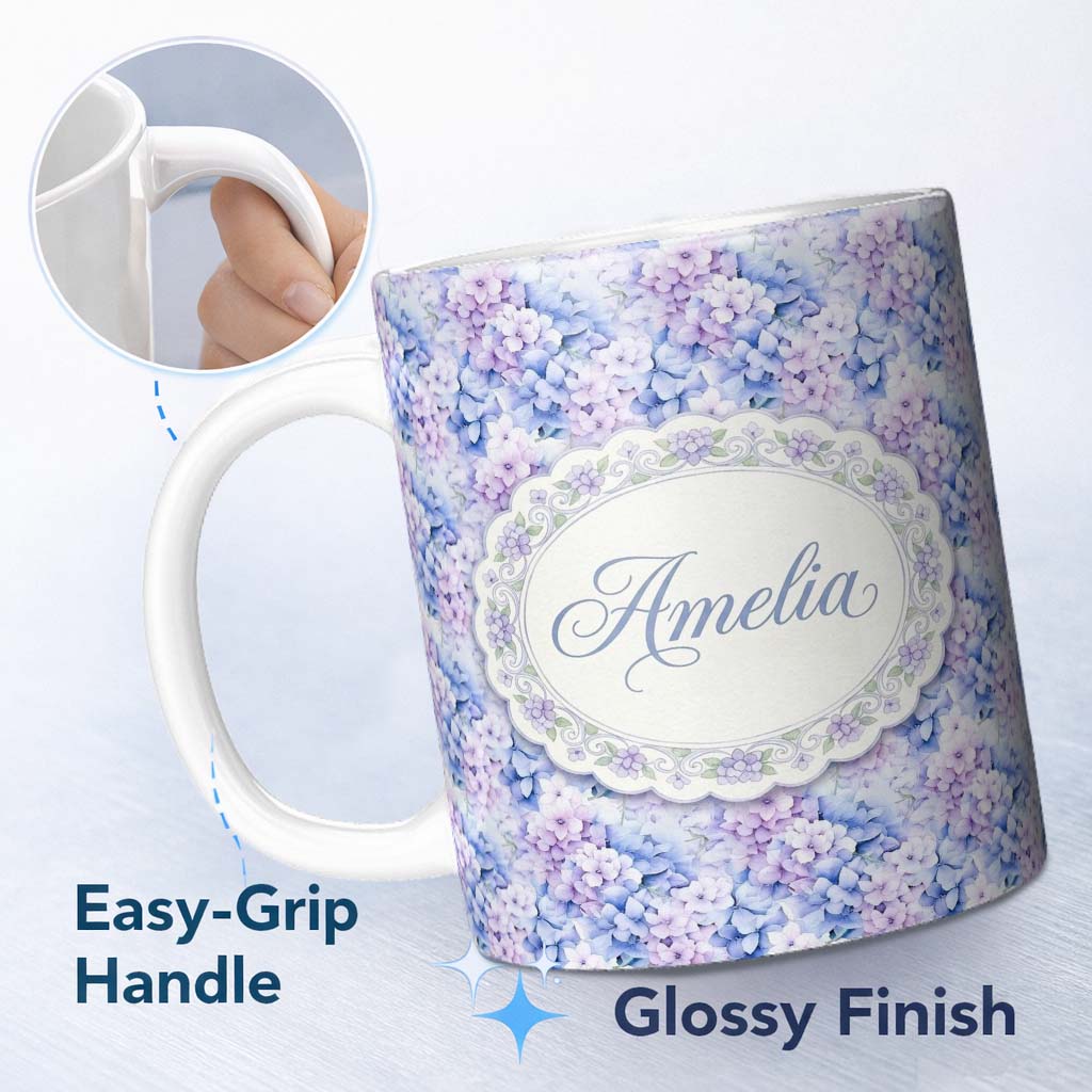 Personalized Custom Name Dreamy Lavender Blue Hydrangea Floral Seamless Pattern Lovely 11oz Ceramic Coffee Tea Mug White Large Handle
