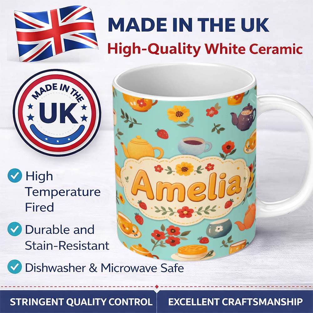 Personalized Custom Name Cute Vintage Teapot Floral Tea Cups Strawberry Garden Blue 11oz Ceramic Coffee Tea Mug White Large Handle
