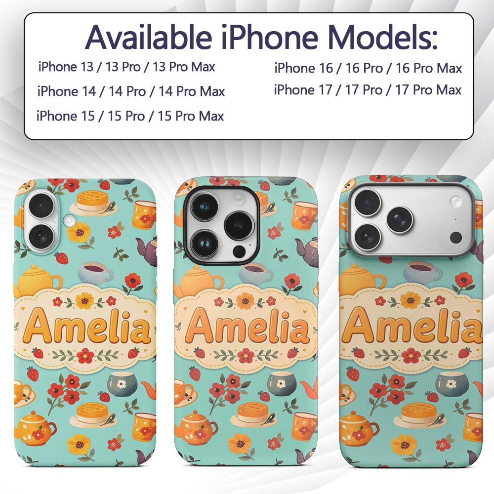 Cute Vintage Teapot Floral Tea Cups Strawberry Custom Name Protective Phone Case Mobile Cover Durable Everyday Smartphone Shock Resistant