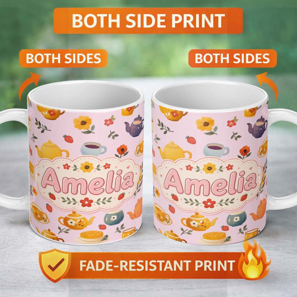 Personalized Custom Name Cute Vintage Teapot Floral Tea Cups Strawberry Garden Pink 11oz Ceramic Coffee Tea Mug White Large Handle
