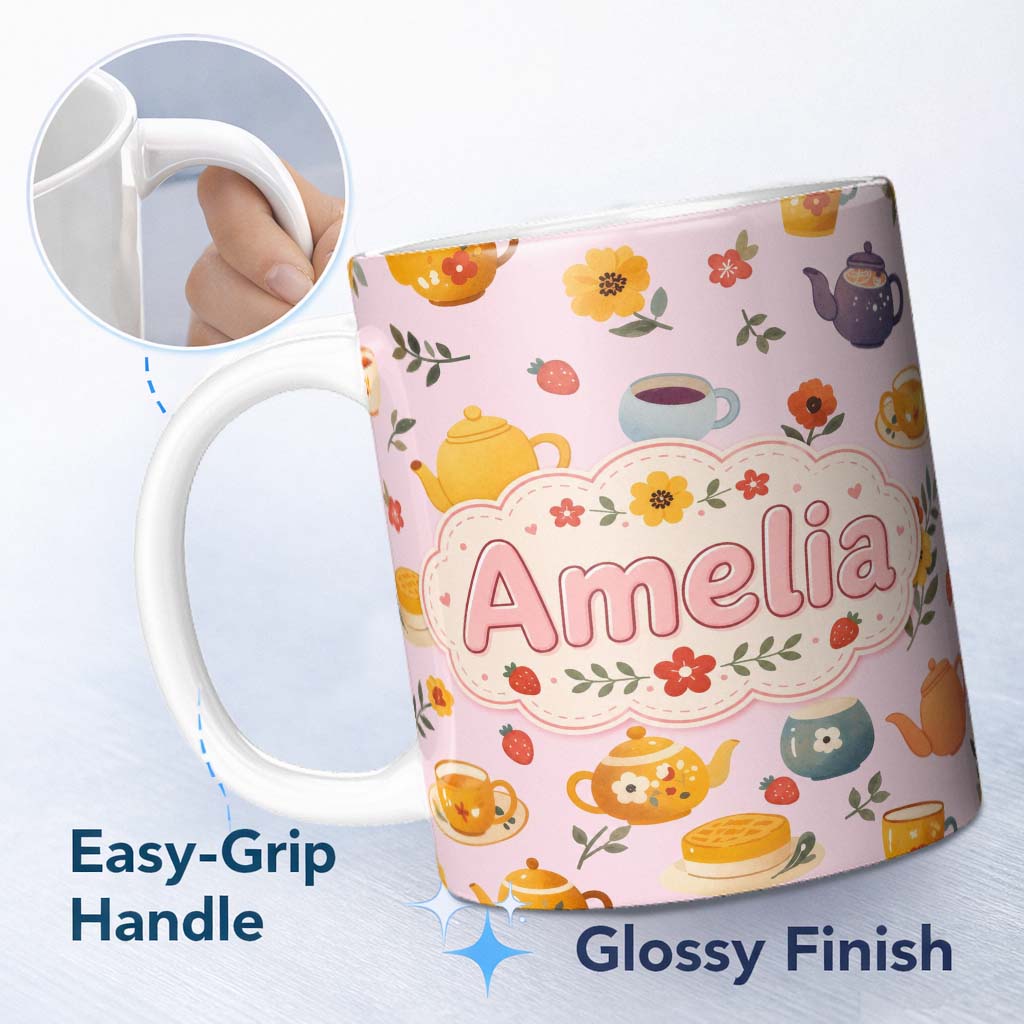 Personalized Custom Name Cute Vintage Teapot Floral Tea Cups Strawberry Garden Pink 11oz Ceramic Coffee Tea Mug White Large Handle
