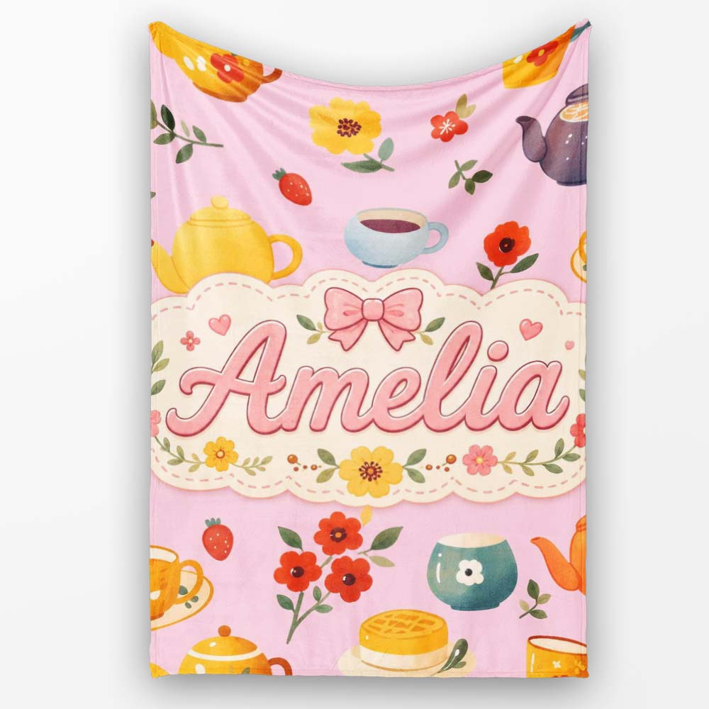 Cute Vintage Teapot Floral Tea Cups Strawberry Garden Rose Personalised Custom Name Super Soft Fleece Blanket Bed Sofa Throw