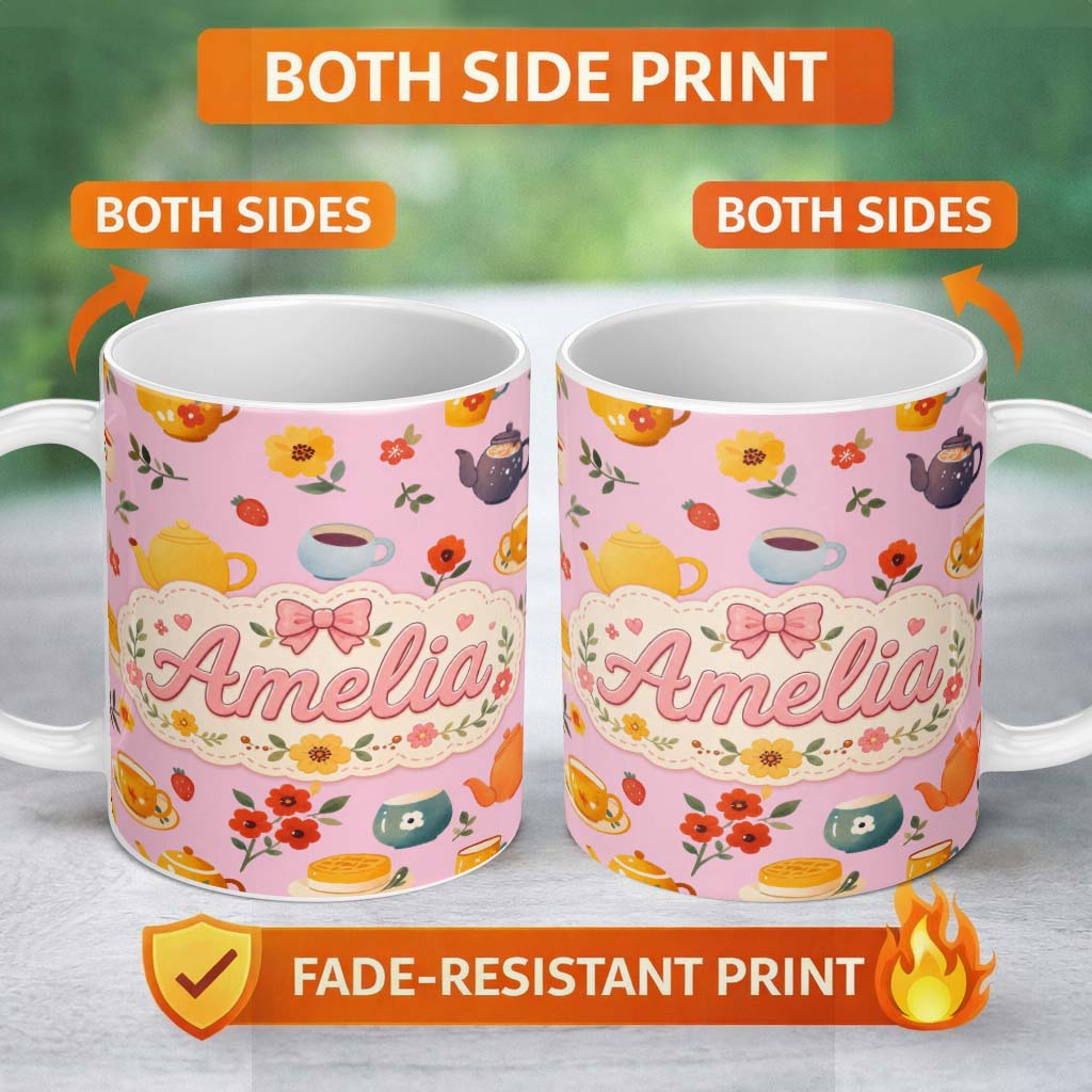 Personalized Custom Name Cute Vintage Teapot Floral Tea Cups Strawberry Garden Rose 11oz Ceramic Coffee Tea Mug White Large Handle