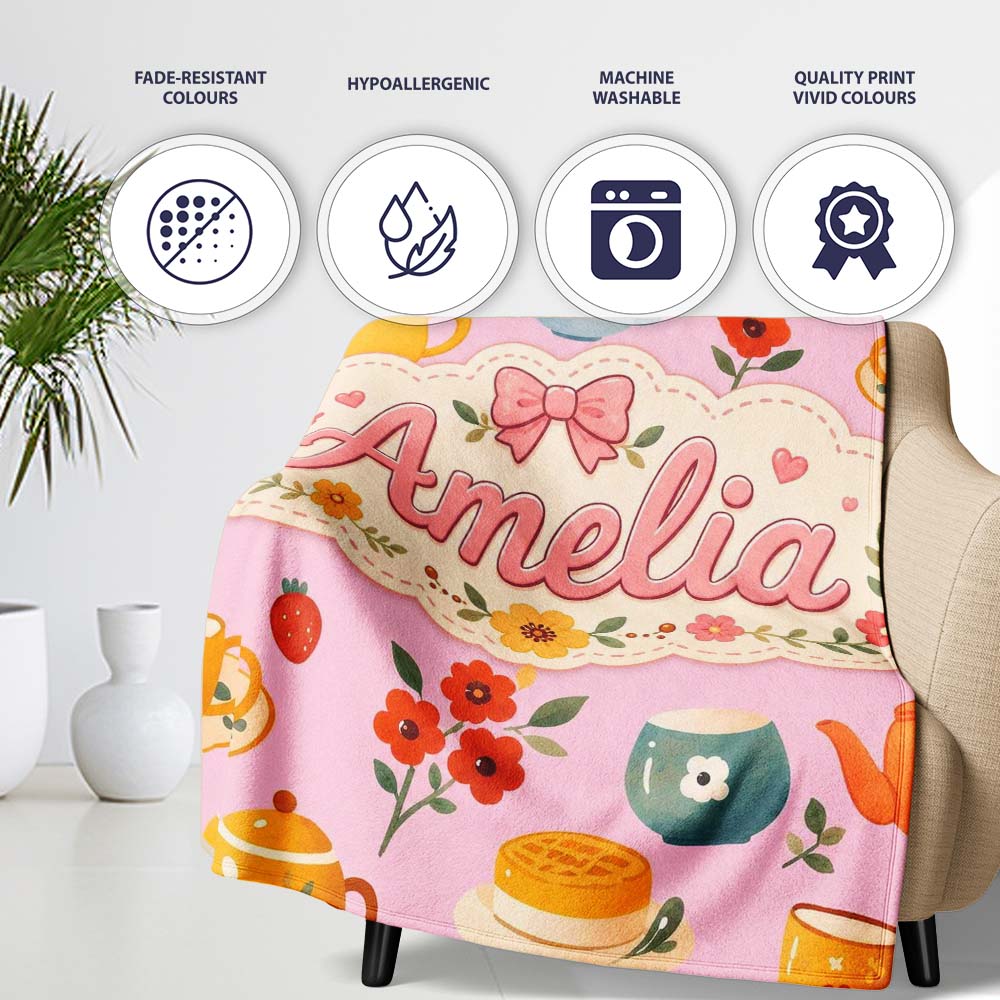 Cute Vintage Teapot Floral Tea Cups Strawberry Garden Rose Personalised Custom Name Super Soft Fleece Blanket Bed Sofa Throw