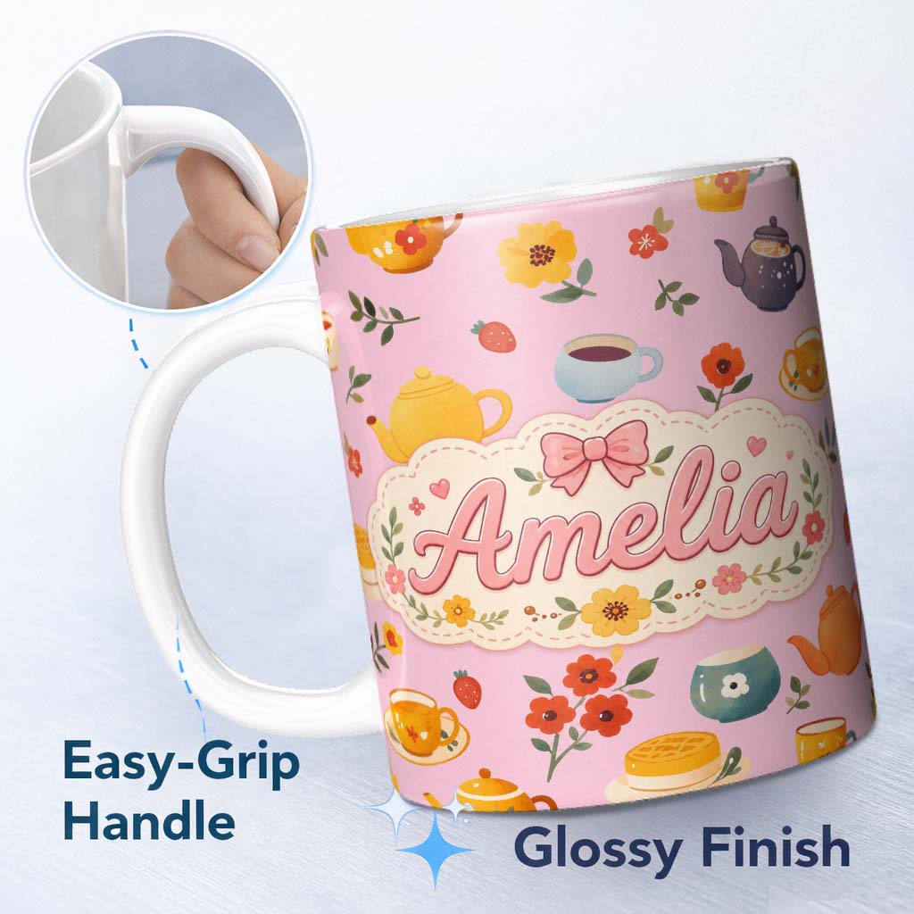 Personalized Custom Name Cute Vintage Teapot Floral Tea Cups Strawberry Garden Rose 11oz Ceramic Coffee Tea Mug White Large Handle