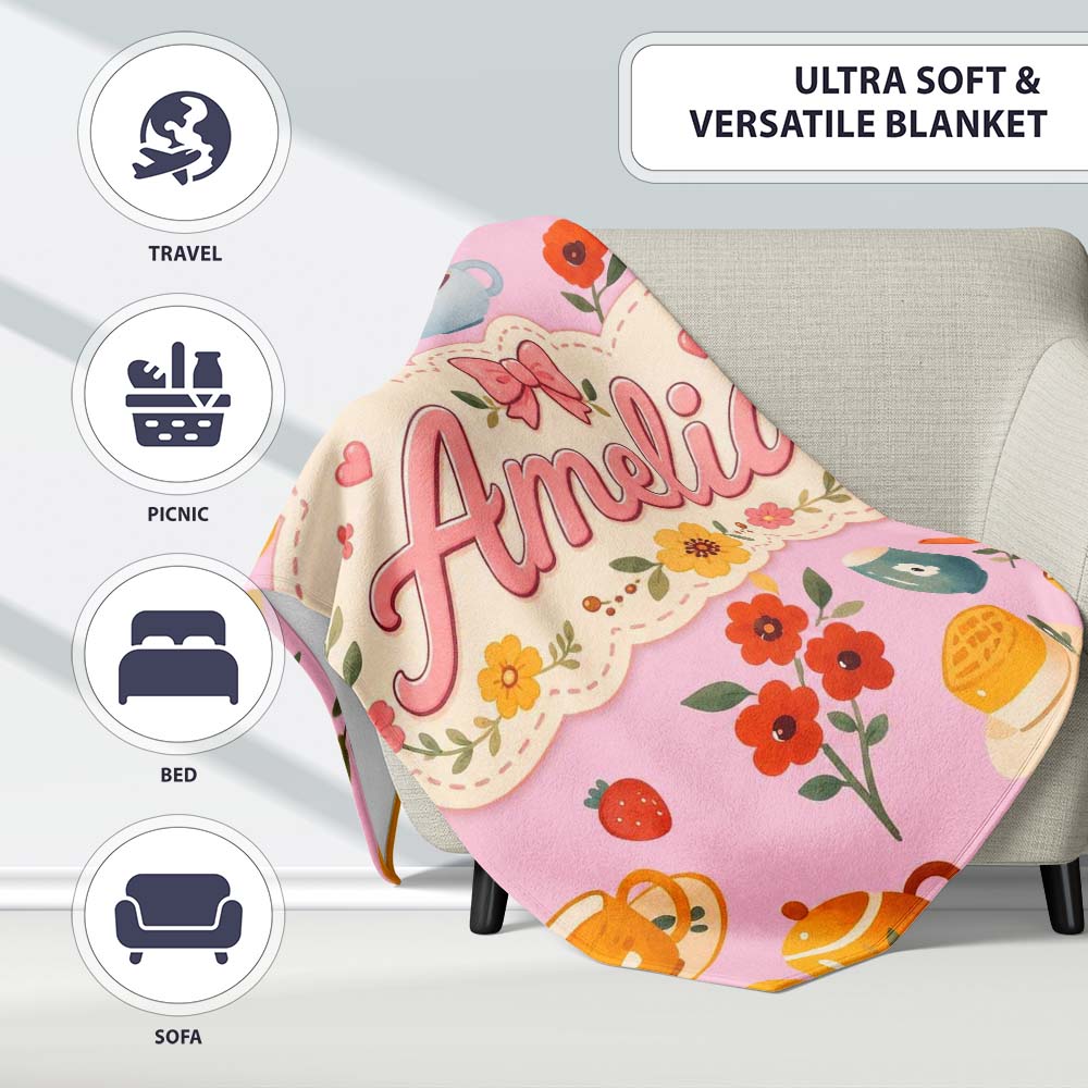 Cute Vintage Teapot Floral Tea Cups Strawberry Garden Rose Personalised Custom Name Super Soft Fleece Blanket Bed Sofa Throw