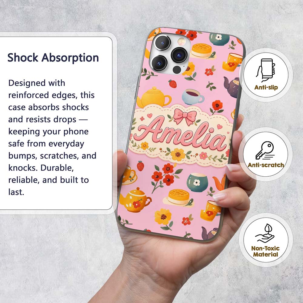Cute Vintage Teapot Floral Tea Cups Strawberry Custom Name Protective Phone Case Mobile Cover Durable Everyday Smartphone Shock Resistant