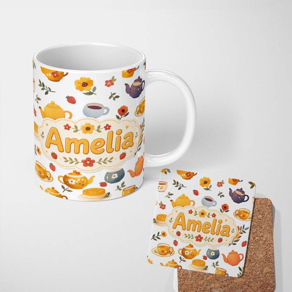 Personalized Custom Name Cute Vintage Teapot Floral Tea Cups Strawberry Garden Grey 11oz Ceramic Coffee Tea Mug White Large Handle