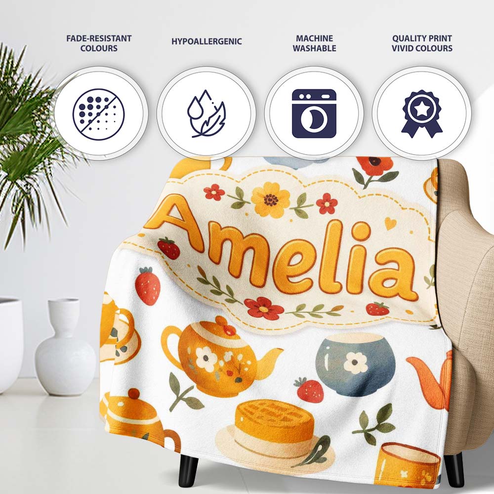Cute Vintage Teapot Floral Tea Cups Strawberry Garden Grey Personalised Custom Name Super Soft Fleece Blanket Bed Sofa Throw