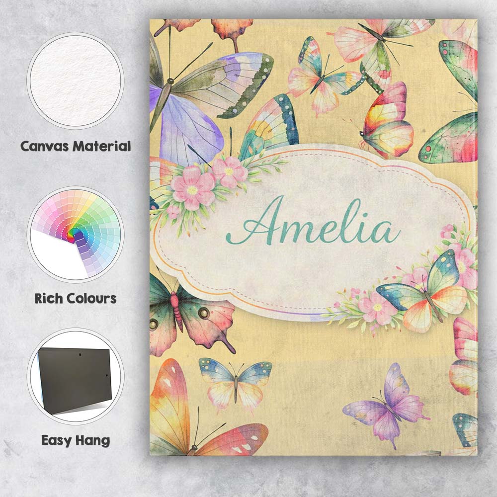 Personalised Name Watercolor Butterfly Leaf Botanical Seamless Custom Modern Room Accent Canvas Wall Art Print Decor Picture Ready to Hang