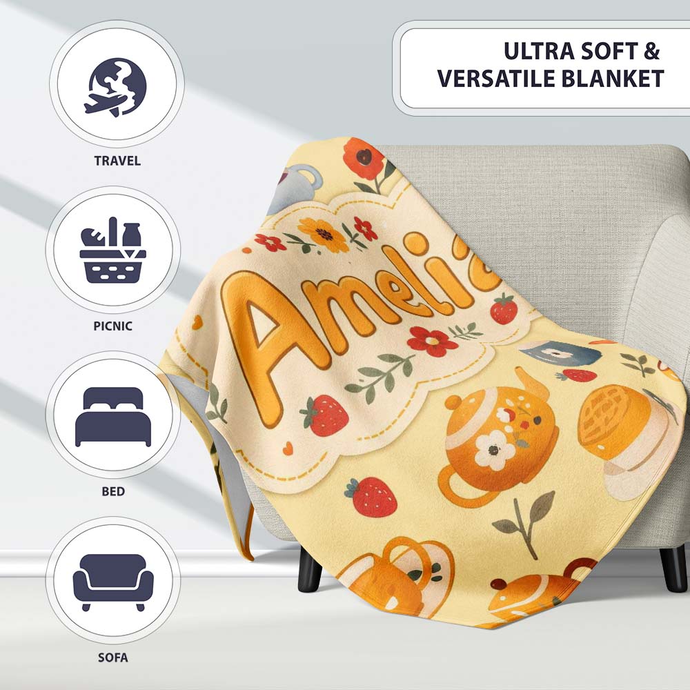 Cute Vintage Teapot Floral Tea Cups Strawberry Garden Yellow Personalised Custom Name Super Soft Fleece Blanket Bed Sofa Throw