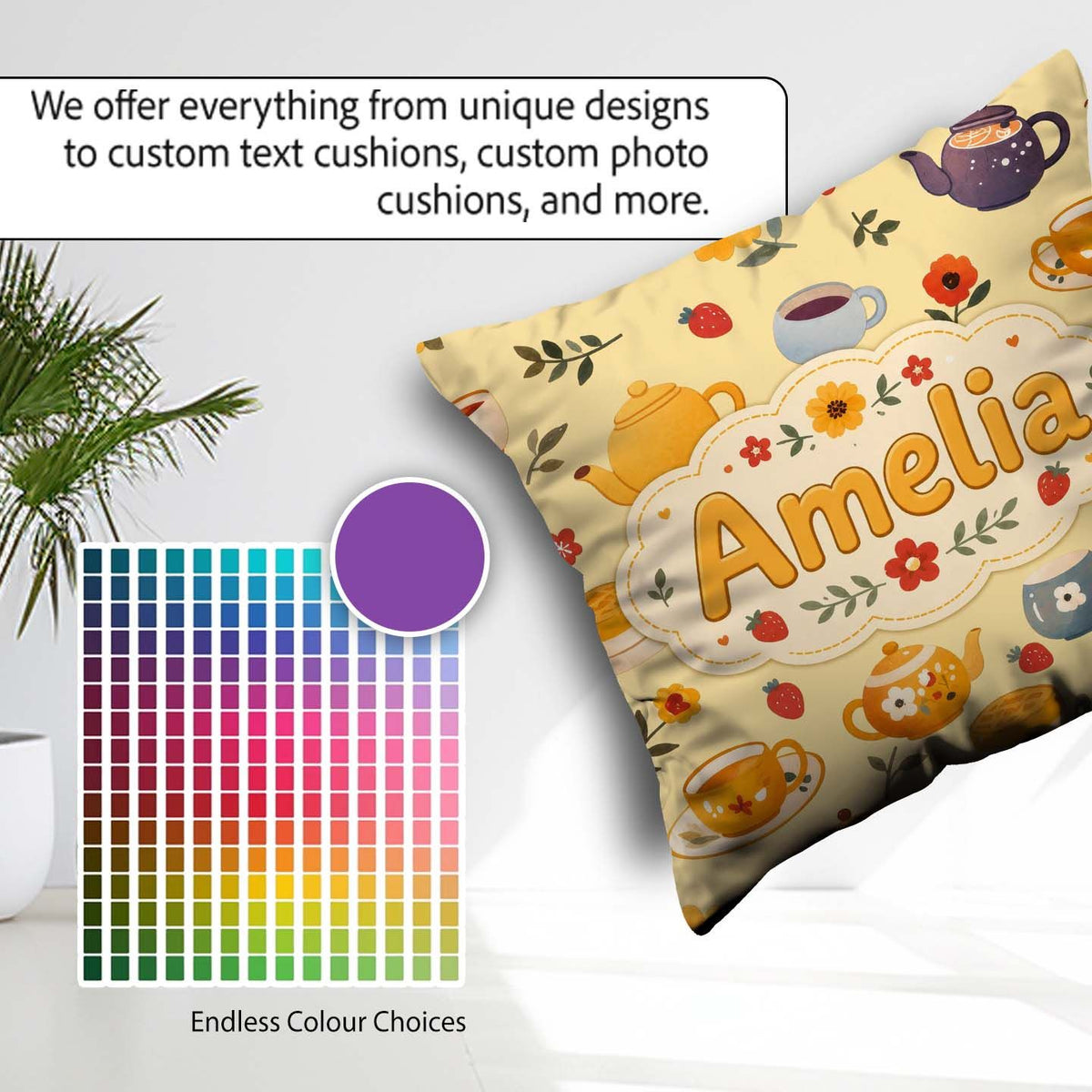 Custom Name Cute Teapot Floral Tea Cups Strawberry Garden Yellow Square Filled Cushion Throw Pillow Sofa Bed Home Decor Zip Washable UK Made