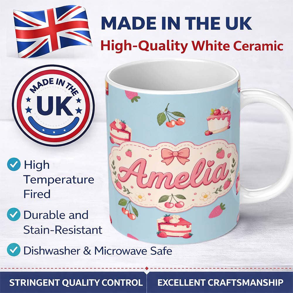 Personalized Custom Name Cute Strawberry Cake Dessert Cherry Fruit Blue Background Seamless 11oz Ceramic Coffee Tea Mug White Large Handle