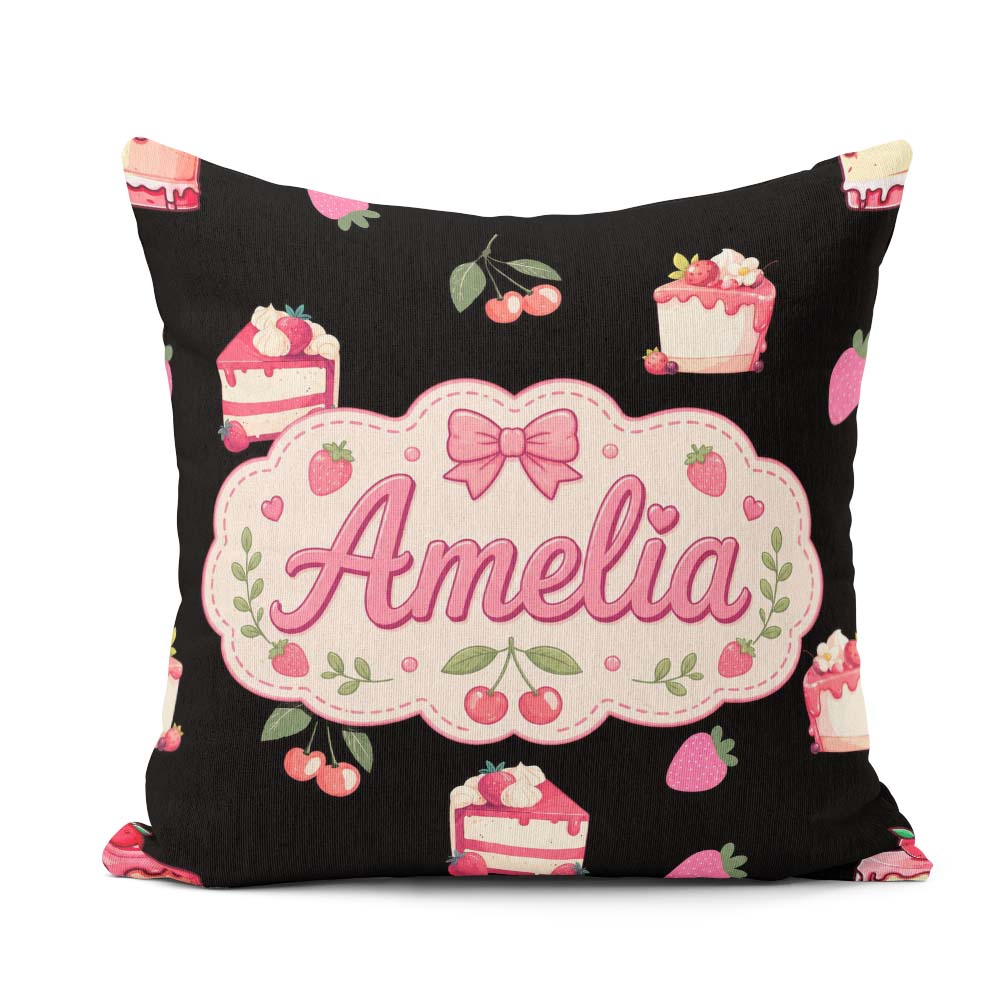 Custom Name Strawberry Cake Dessert Cherry Fruit Black Seamless Square Filled Cushion Throw Pillow Sofa Bed Home Decor Zip Washable UK Made