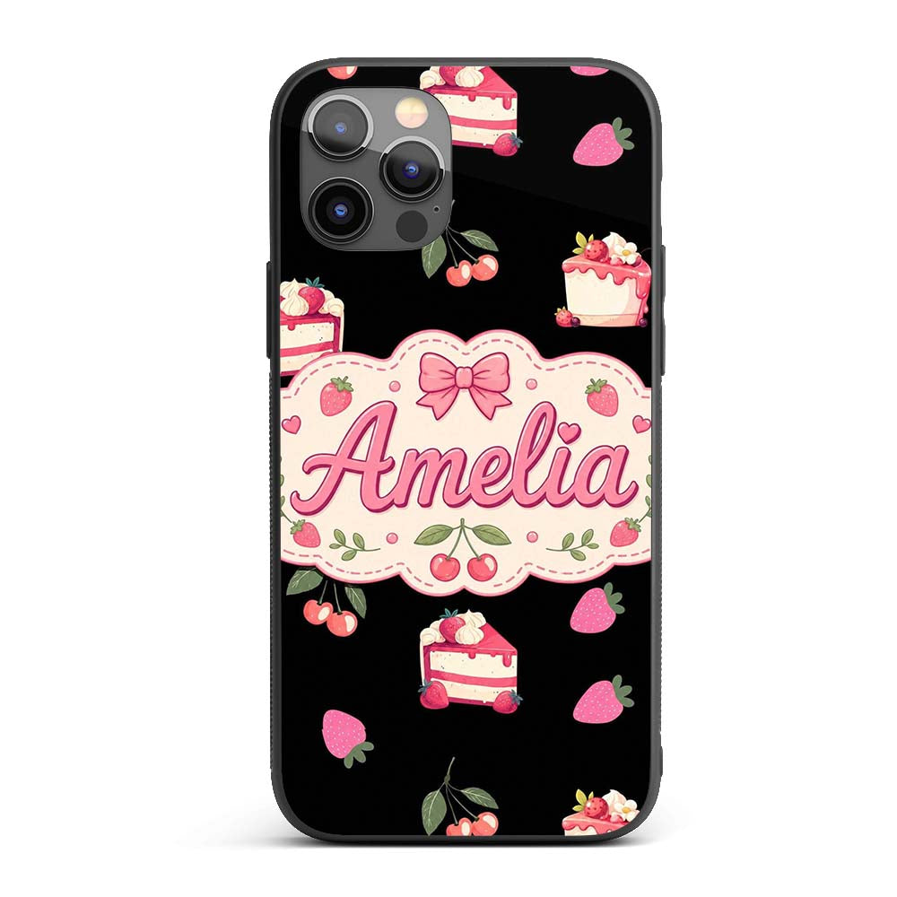 Cute Strawberry Cake Dessert Cherry Fruit Black Custom Name Protective Phone Case Mobile Cover Durable Everyday Smartphone Shock Resistant