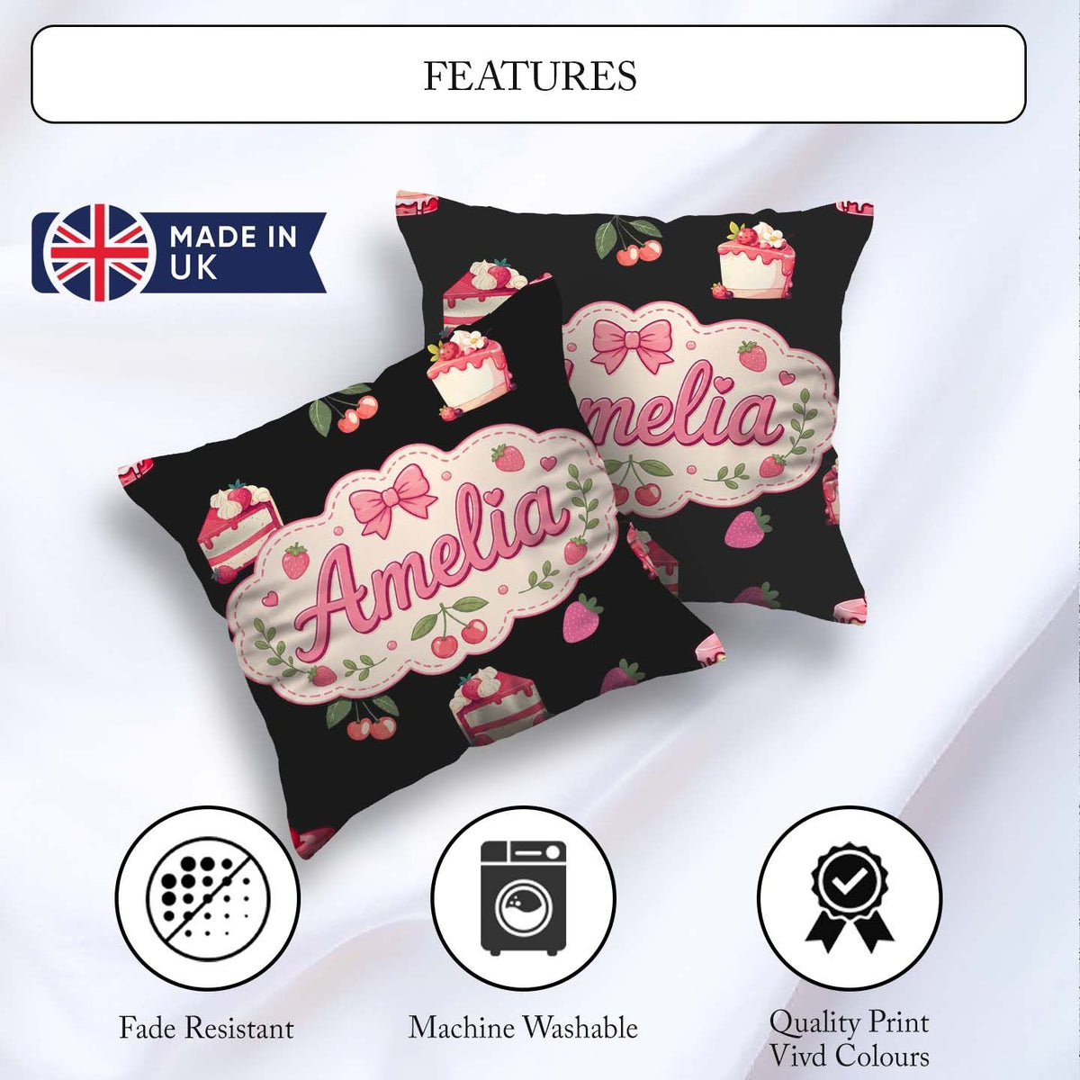 Custom Name Strawberry Cake Dessert Cherry Fruit Black Seamless Square Filled Cushion Throw Pillow Sofa Bed Home Decor Zip Washable UK Made