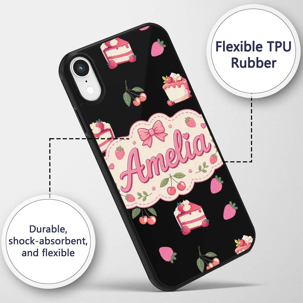 Cute Strawberry Cake Dessert Cherry Fruit Black Custom Name Protective Phone Case Mobile Cover Durable Everyday Smartphone Shock Resistant