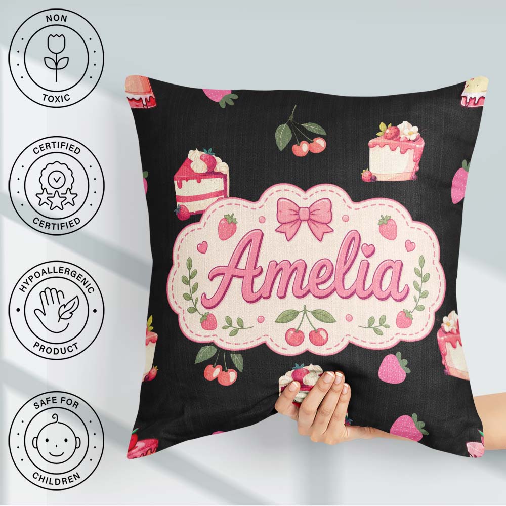 Custom Name Strawberry Cake Dessert Cherry Fruit Black Seamless Square Filled Cushion Throw Pillow Sofa Bed Home Decor Zip Washable UK Made