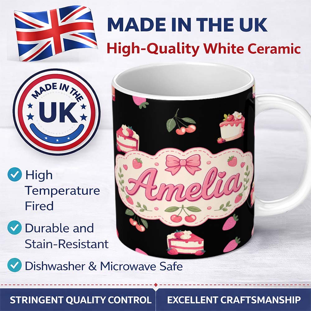 Personalized Custom Name Cute Strawberry Cake Dessert Cherry Fruit Black Background Seamless 11oz Ceramic Coffee Tea Mug White Large Handle
