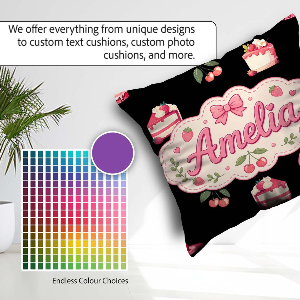 Custom Name Strawberry Cake Dessert Cherry Fruit Black Seamless Square Filled Cushion Throw Pillow Sofa Bed Home Decor Zip Washable UK Made