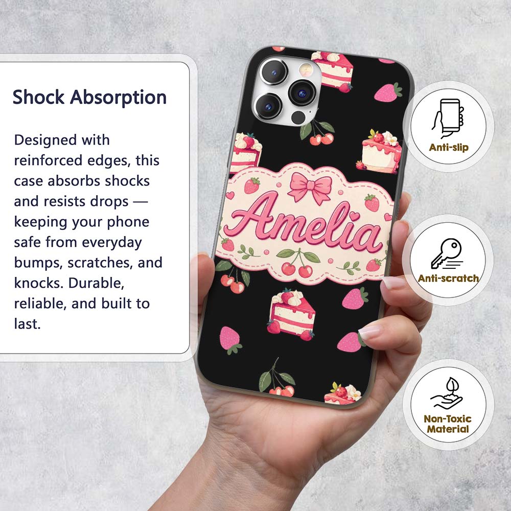 Cute Strawberry Cake Dessert Cherry Fruit Black Custom Name Protective Phone Case Mobile Cover Durable Everyday Smartphone Shock Resistant