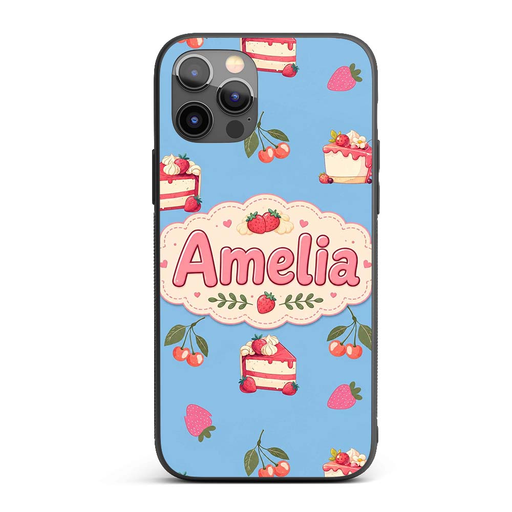Cute Strawberry Cake Dessert Cherry Fruit Blue Custom Name Protective Phone Case Mobile Cover Durable Everyday Smartphone Shock Resistant