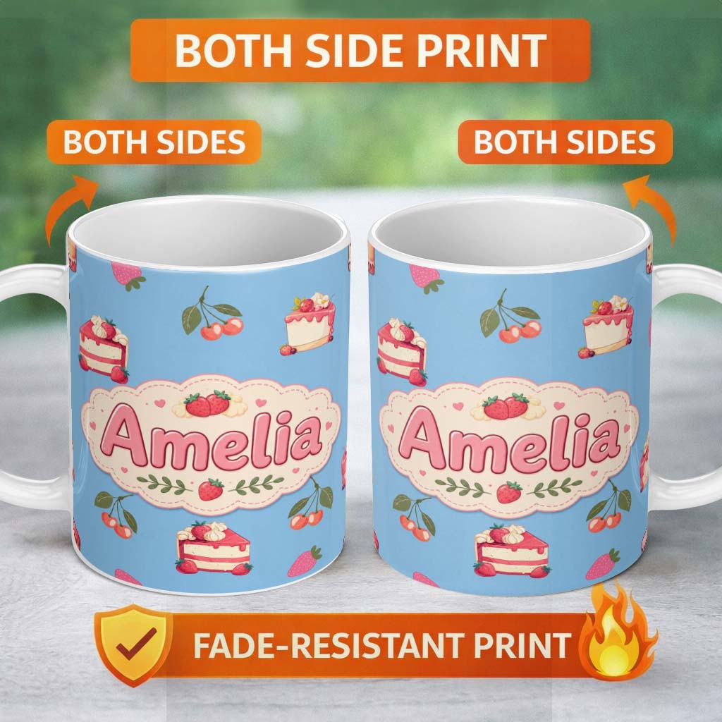Personalized Custom Name Cute Strawberry Cake Dessert Cherry Fruit Blue Sky Background 11oz Ceramic Coffee Tea Mug White Large Handle