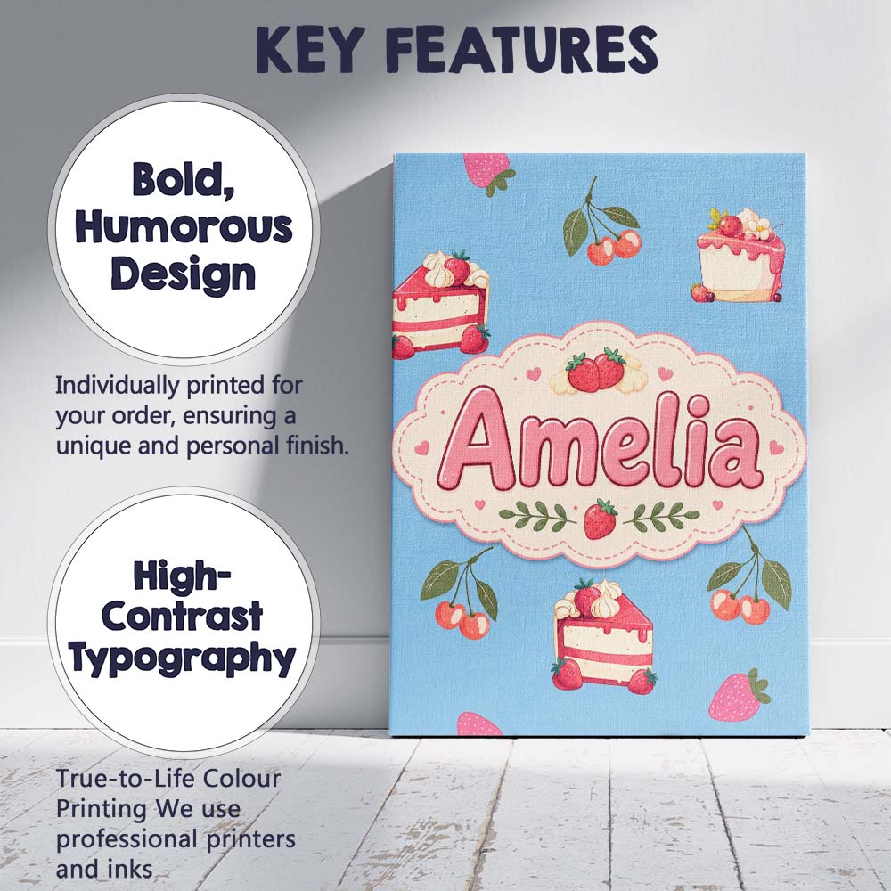 Personalised Name Cute Strawberry Cake Custom Modern Room Accent Elegant Feature Canvas Wall Art Print Decor Picture Ready to Hang