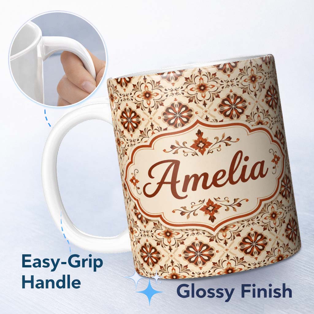 Personalized Custom Name Rustic Geometric Floral Tile Brown Cream Vintage Seamless Pattern 11oz Ceramic Coffee Tea Mug White Large Handle