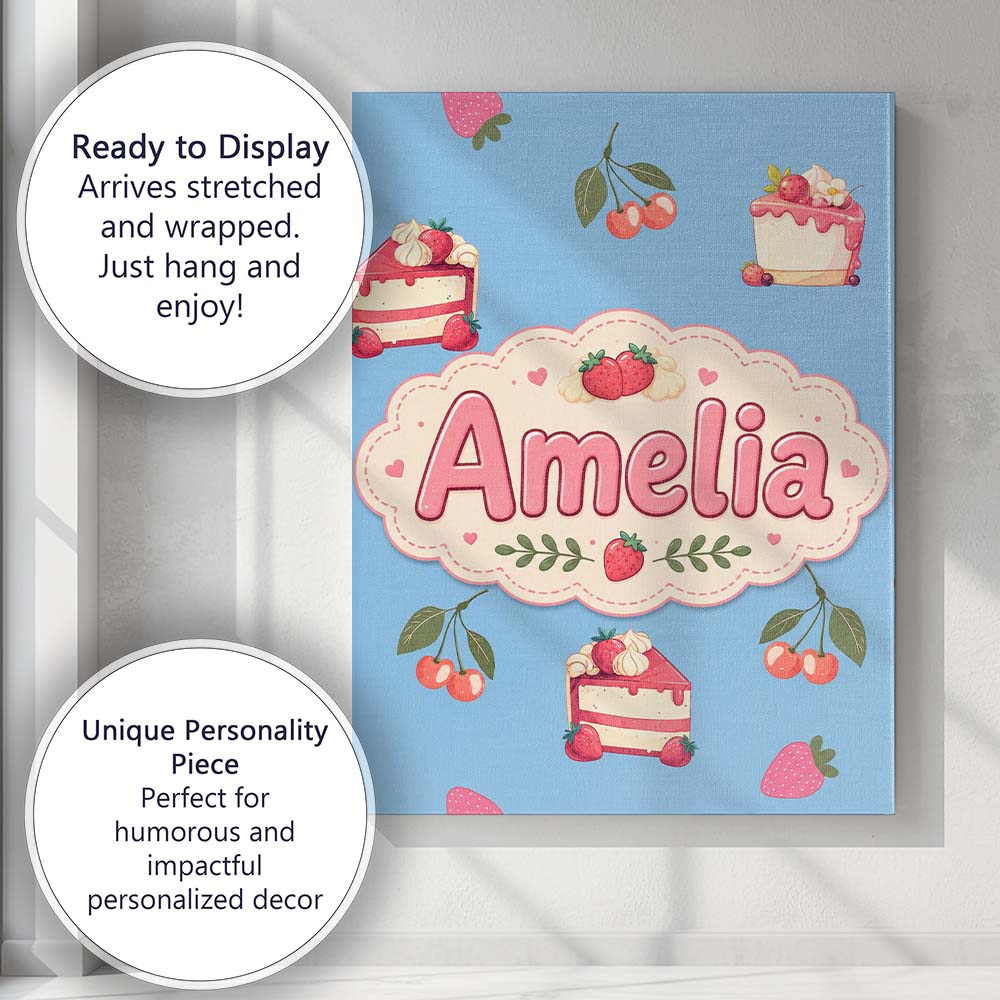 Personalised Name Cute Strawberry Cake Custom Modern Room Accent Elegant Feature Canvas Wall Art Print Decor Picture Ready to Hang