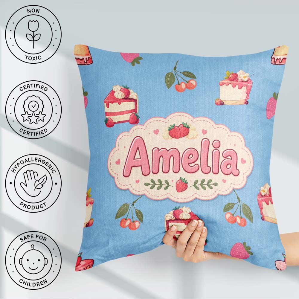 Custom Name Cute Strawberry Cake Dessert Cherry Fruit Blue Sky Square Filled Cushion Throw Pillow Sofa Bed Home Decor Zip Washable UK Made