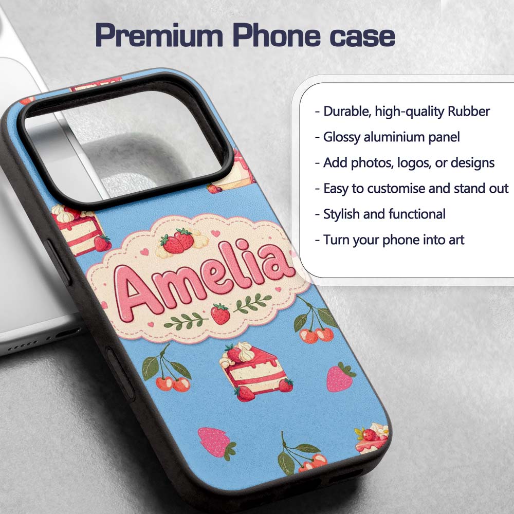 Cute Strawberry Cake Dessert Cherry Fruit Blue Custom Name Protective Phone Case Mobile Cover Durable Everyday Smartphone Shock Resistant