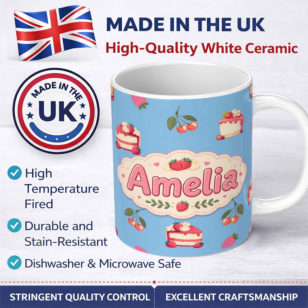Personalized Custom Name Cute Strawberry Cake Dessert Cherry Fruit Blue Sky Background 11oz Ceramic Coffee Tea Mug White Large Handle
