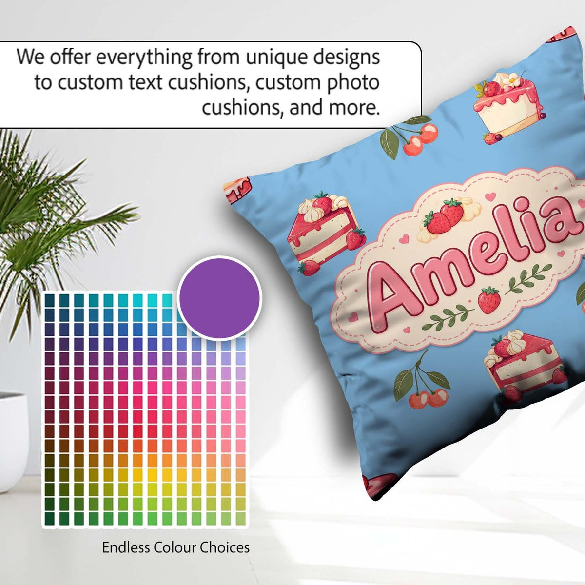 Custom Name Cute Strawberry Cake Dessert Cherry Fruit Blue Sky Square Filled Cushion Throw Pillow Sofa Bed Home Decor Zip Washable UK Made