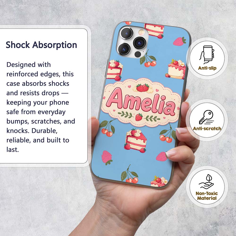Cute Strawberry Cake Dessert Cherry Fruit Blue Custom Name Protective Phone Case Mobile Cover Durable Everyday Smartphone Shock Resistant