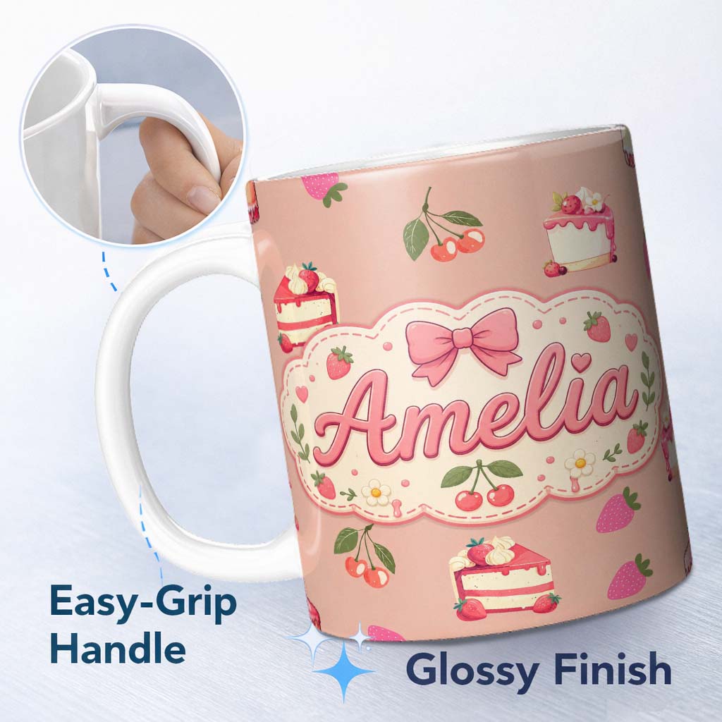 Personalized Custom Name Cute Strawberry Cake Cherry Dessert Seamless Pattern Peach 11oz Ceramic Coffee Tea Mug White Large Handle