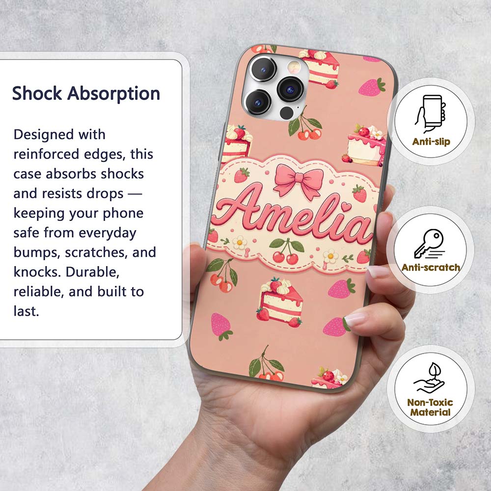 Cute Strawberry Cake Cherry Dessert Seamless Custom Name Protective Phone Case Mobile Cover Durable Everyday Smartphone Shock Resistant