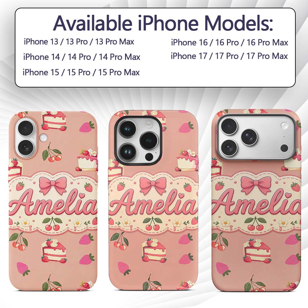 Cute Strawberry Cake Cherry Dessert Seamless Custom Name Protective Phone Case Mobile Cover Durable Everyday Smartphone Shock Resistant