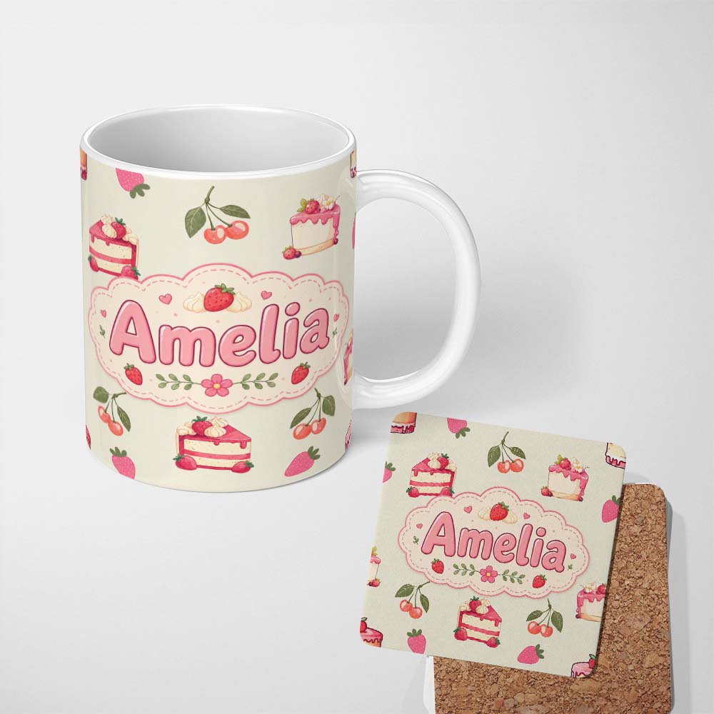 Personalized Custom Name Cute Strawberry Cake Cherry Dessert Seamless Pattern Neutral 11oz Ceramic Coffee Tea Mug White Large Handle