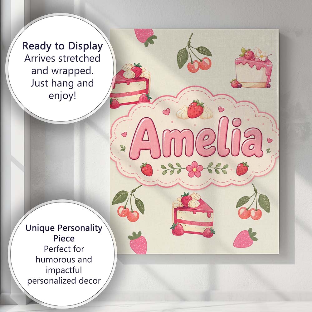 Personalised Name Cute Strawberry Cake Custom Modern Room Accent Elegant Feature Canvas Wall Art Print Decor Picture Ready to Hang