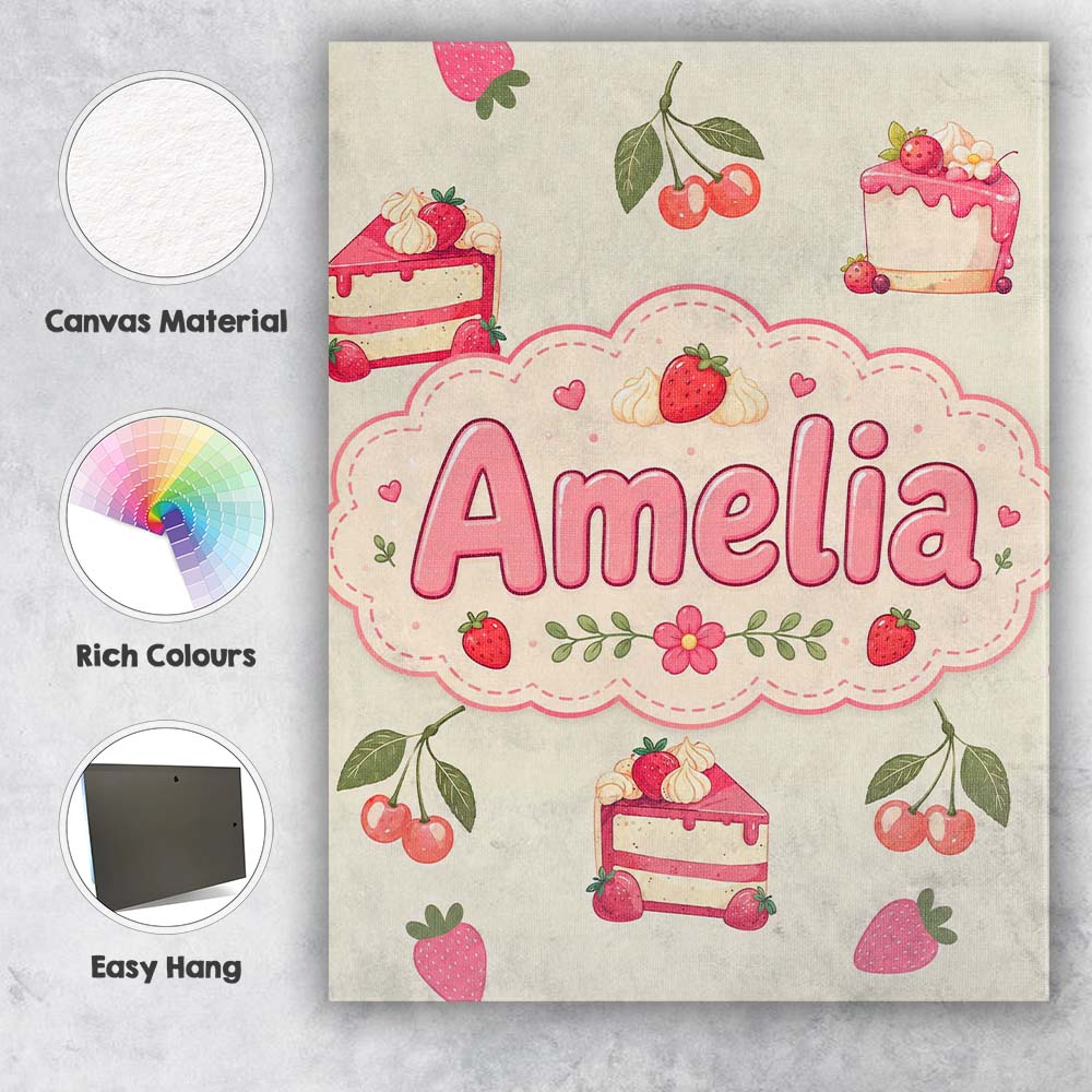 Personalised Name Cute Strawberry Cake Custom Modern Room Accent Elegant Feature Canvas Wall Art Print Decor Picture Ready to Hang